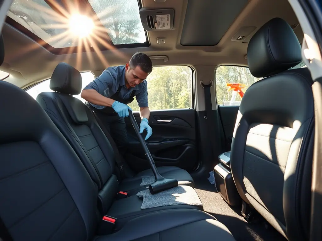 A professional car detailer working on a car's interior inside of a customer's garage, showcasing the convenience of Koc20Detailing's mobile service.