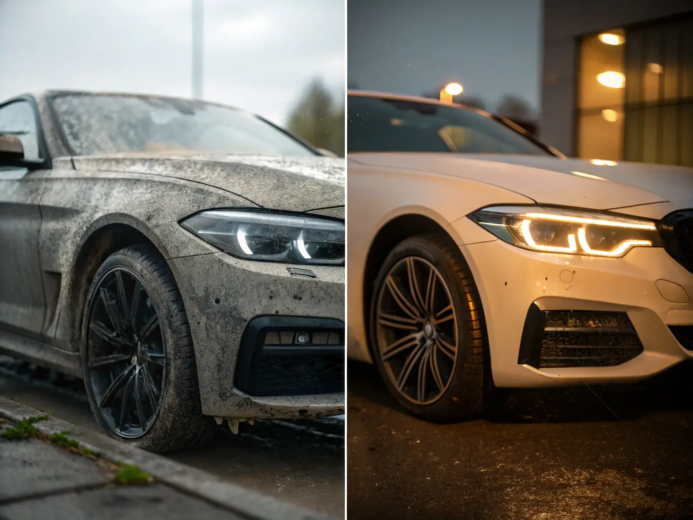 A before-and-after shot of a car being detailed by Koc20Detailing, showing the transformation and quality of the service.