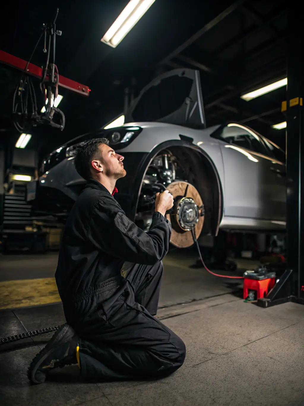 A technician inspecting car brakes, with tools and equipment visible, emphasizing the safety and maintenance aspects of Koc20Detailing's brake inspection and replacement service.