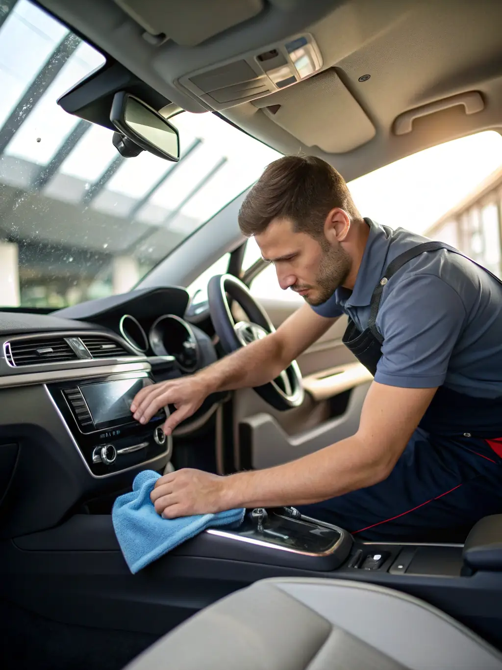 A Koc20Detailing professional meticulously cleaning the interior of a car, focusing on the dashboard and console, showcasing attention to detail.