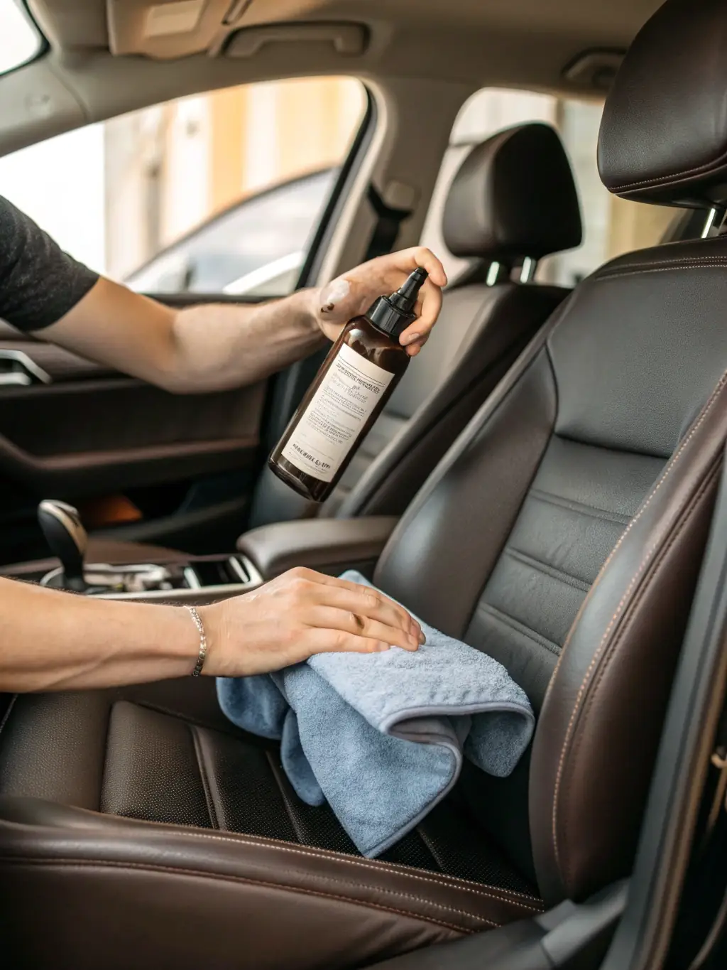 A close-up shot of a car interior being meticulously detailed, showcasing the cleaning of leather seats with specialized tools, emphasizing the attention to detail in Koc20Detailing's interior service.