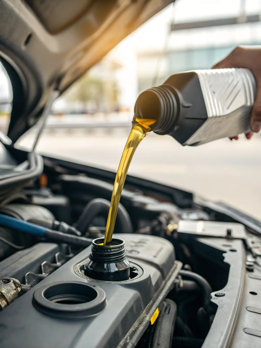 Close-up shot of fresh engine oil being poured into a car engine during an oil change service at Koc20Detailing, emphasizing the quality and care taken.