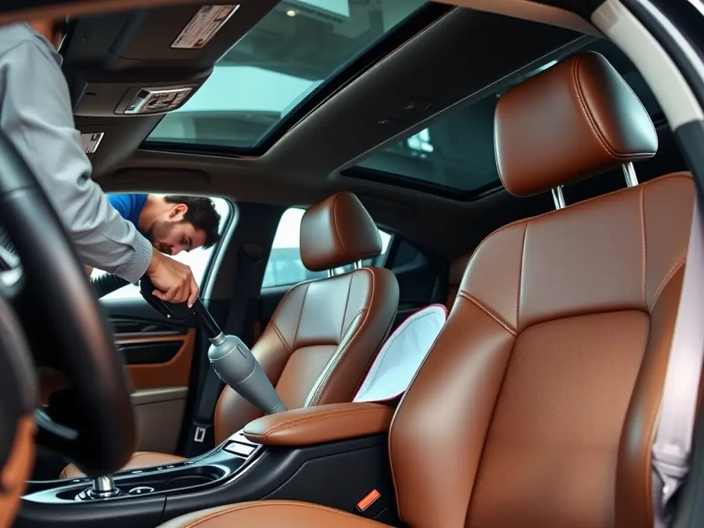 A clean car interior with a detailer vacuuming the seats and wiping down surfaces, highlighting the thoroughness of Koc20Detailing's interior detailing service.