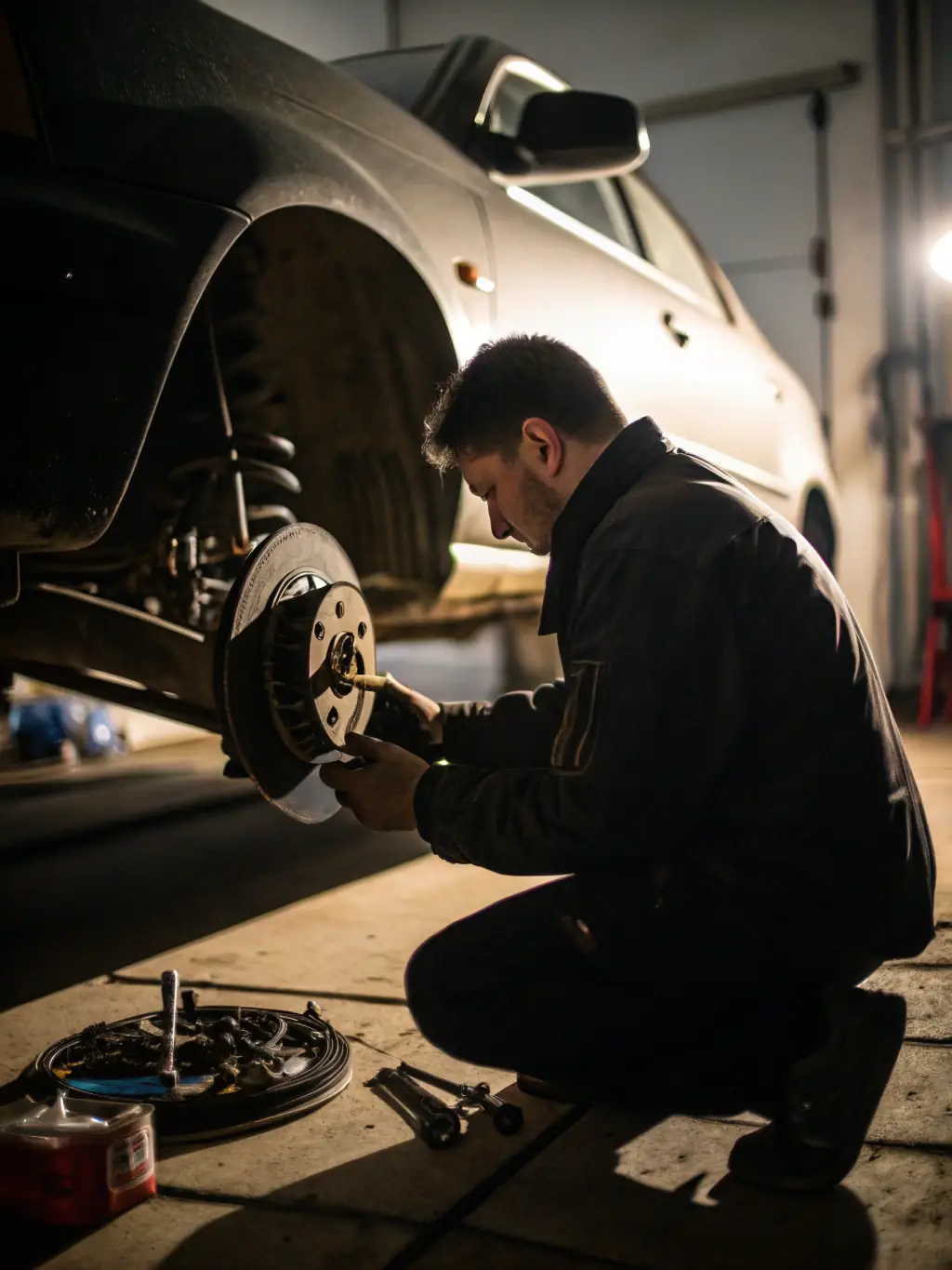 A Koc20Detailing team member carefully inspecting a car's brakes, with tools and equipment visible, emphasizing the thoroughness of the inspection.