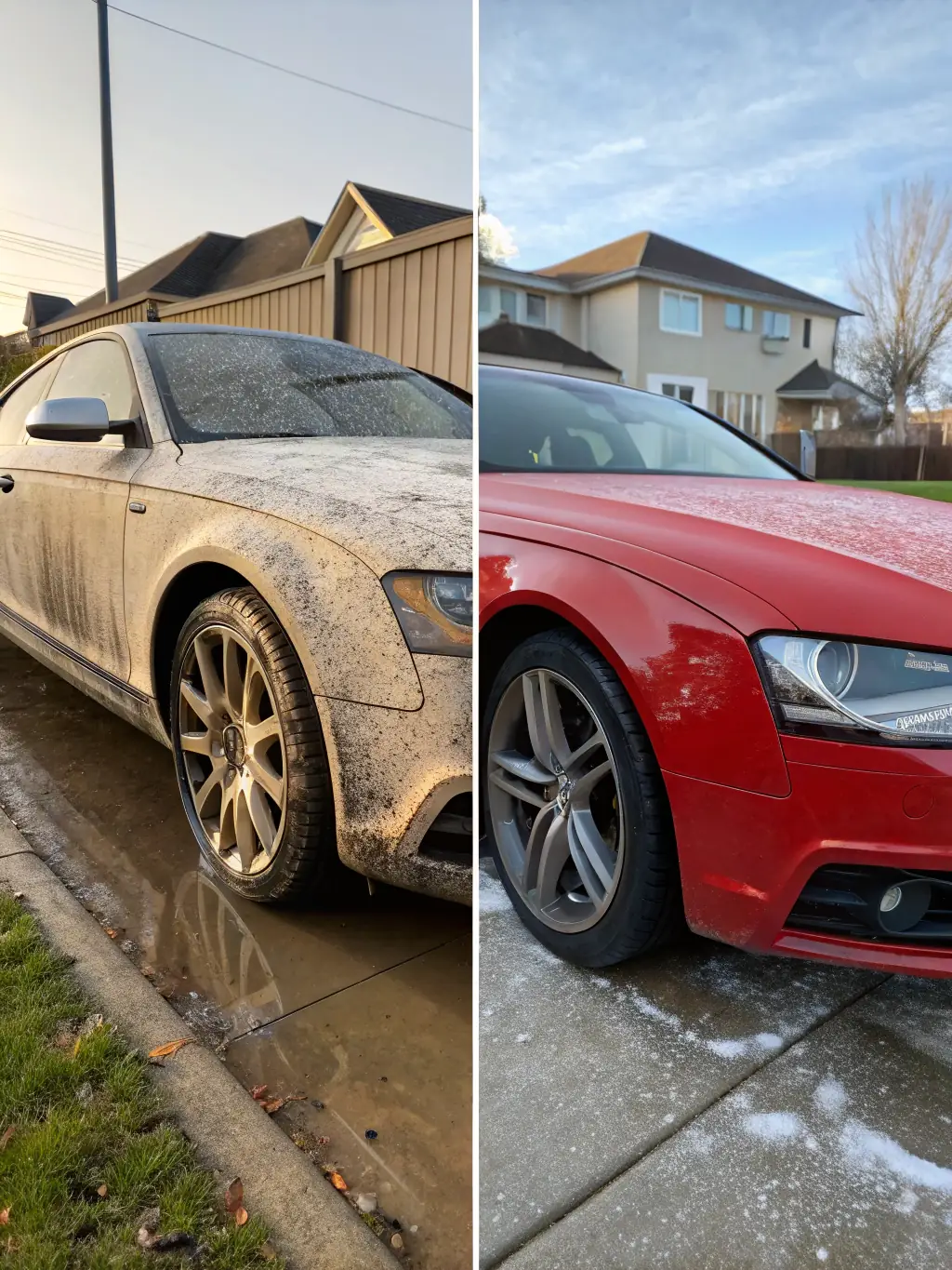 A before-and-after shot of a car's exterior, showing the transformation after an exterior wash at Koc20Detailing, highlighting the shine and cleanliness.