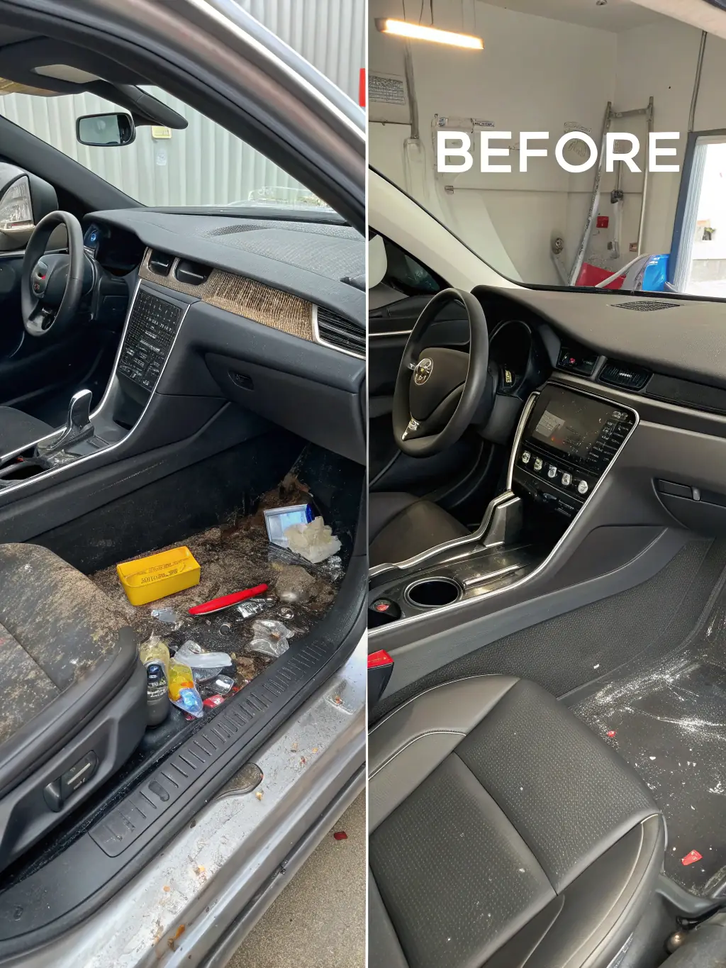 A before-and-after shot of a car undergoing full detailing, showing the transformation from a dirty, worn-out vehicle to a pristine, showroom-ready condition, demonstrating the comprehensive nature of Koc20Detailing's full car detailing.