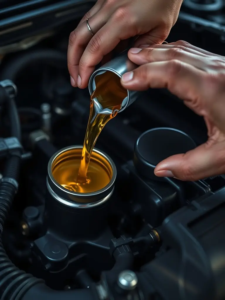 Close-up shot of fresh engine oil being poured into a car engine during an oil change service at Koc20Detailing, emphasizing the quality and care taken.