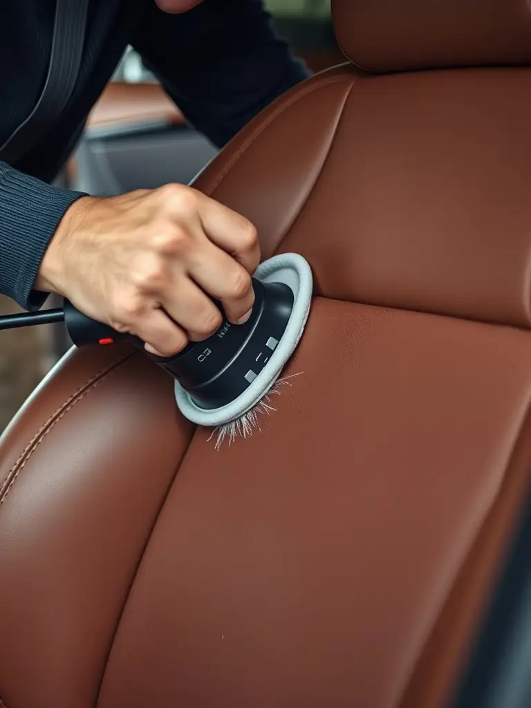 A close-up shot of a car interior being meticulously detailed, showcasing the cleaning of leather seats with specialized tools, emphasizing the attention to detail in Koc20Detailing's interior service.