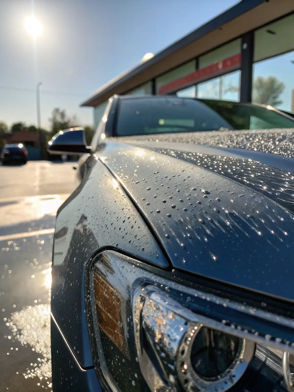 A gleaming car exterior after a wash and wax, highlighting the shine and protection provided by Koc20Detailing's exterior wash service, with water beading on the surface.