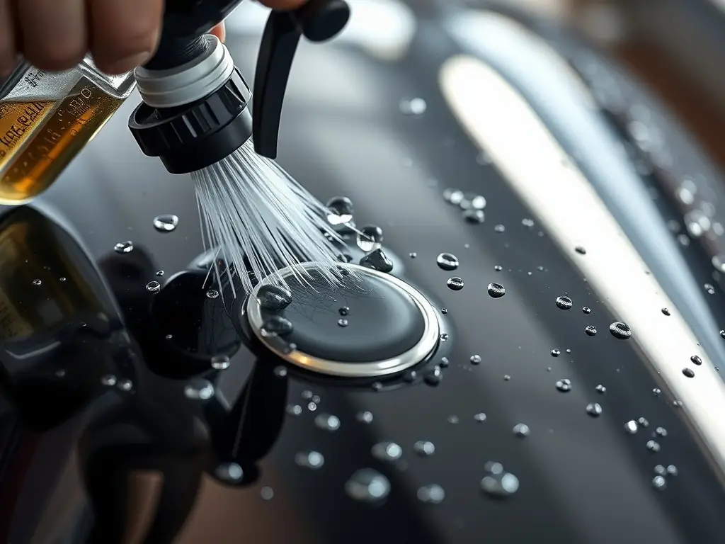 A close-up shot of a Koc20Detailing professional using high-quality detailing products on a car's exterior, emphasizing their expertise.
