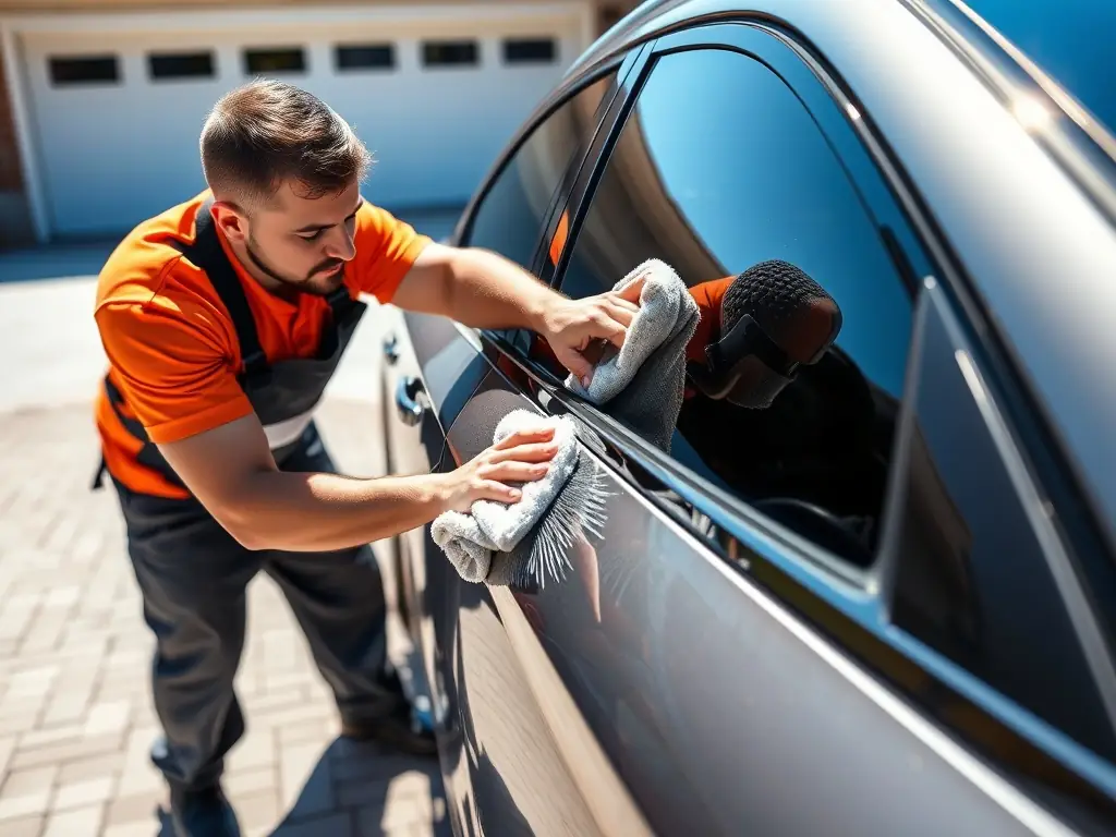 A shiny, well-cleaned car parked outdoors with a professional detailer working on the exterior, showcasing the meticulous attention to detail in Koc20Detailing's full car detailing service.