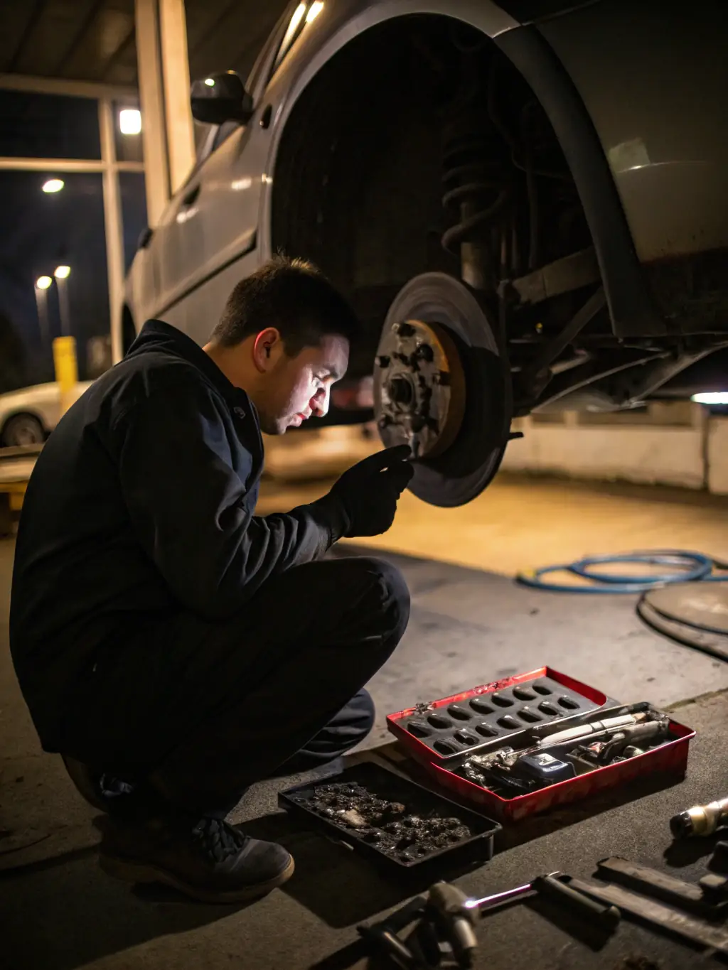 A technician inspecting car brakes, with tools and equipment visible, emphasizing the safety and maintenance aspects of Koc20Detailing's brake inspection and replacement service.